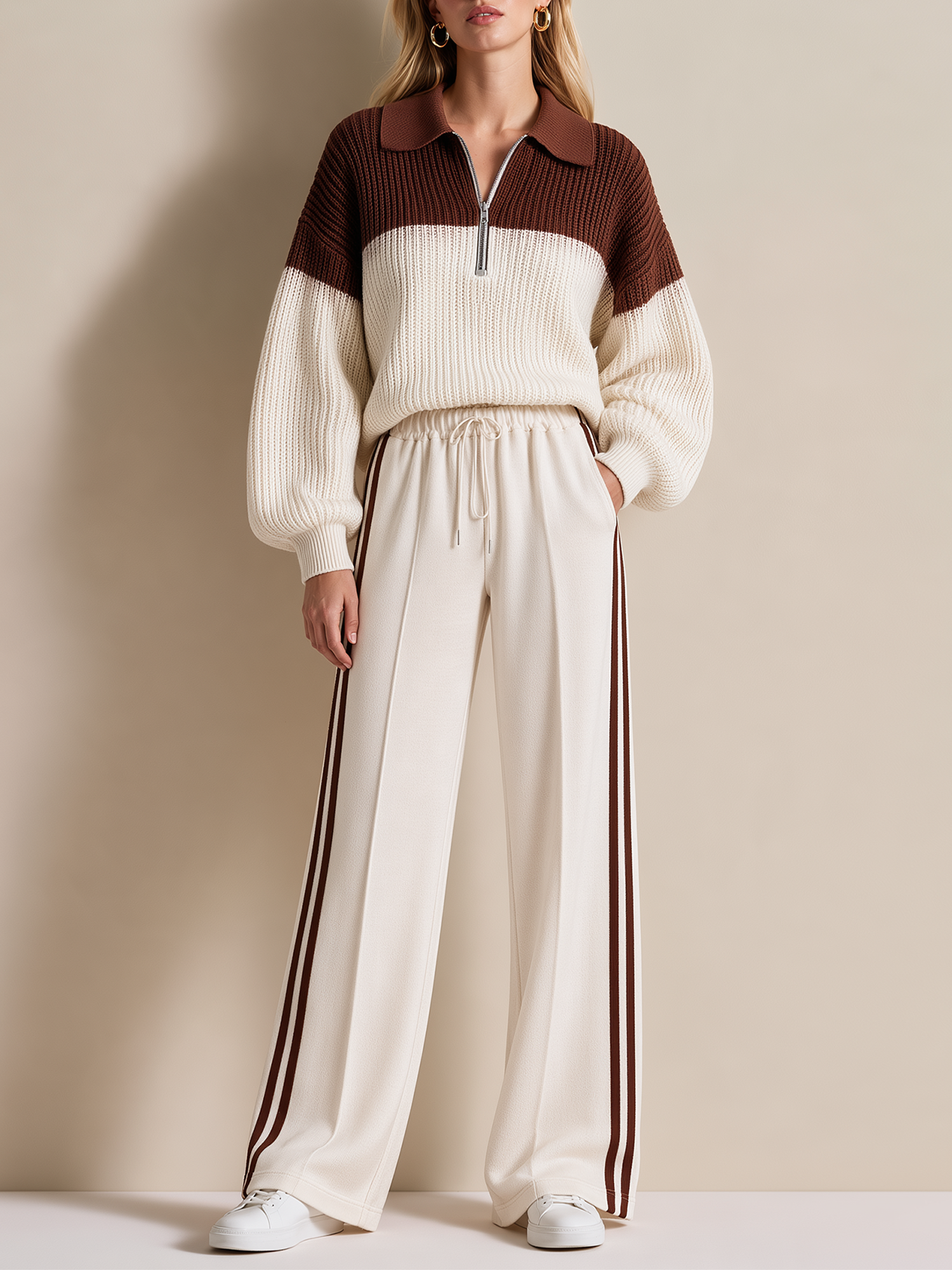 Brown Cream Color Block Half Zip Knit Sweater Striped Wide Leg Pants Set