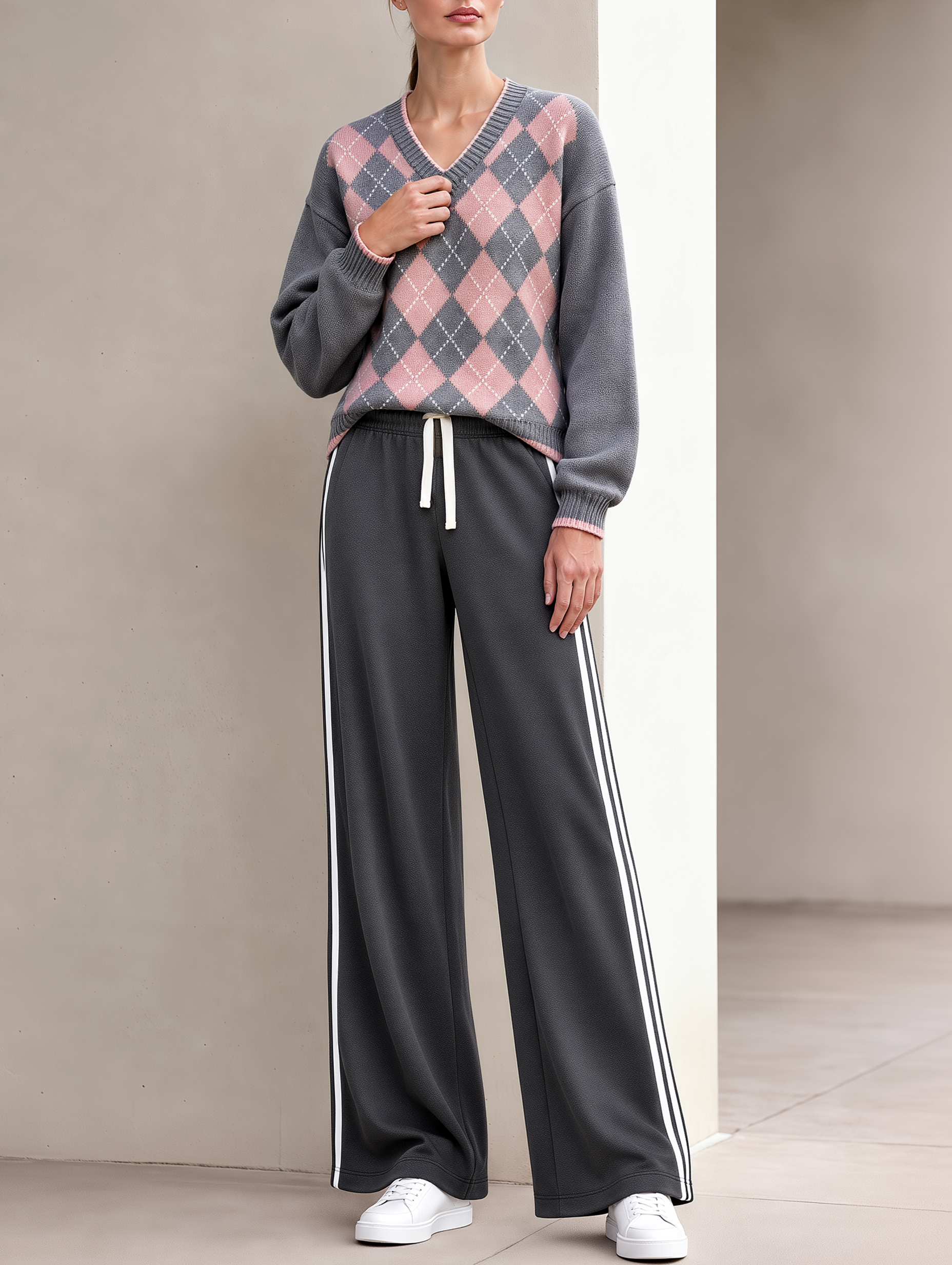 Argyle V-neck Knit Sweater And Wide-leg Trousers Set