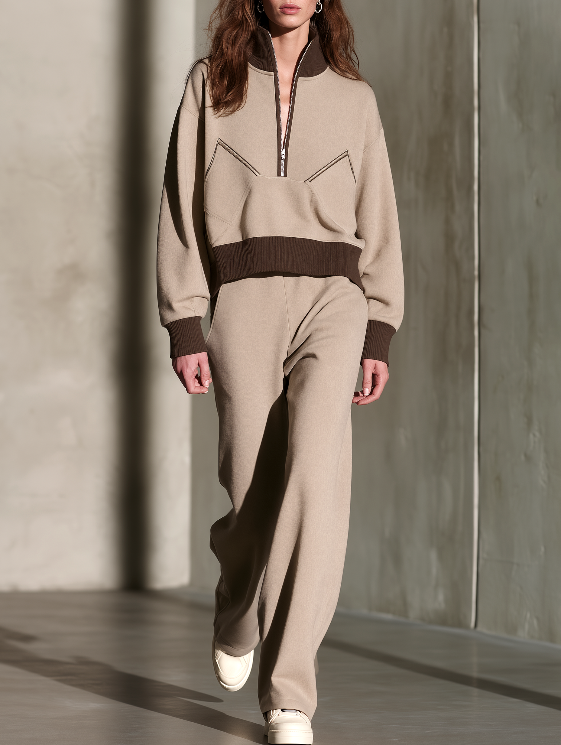 Khaki Half-zip Sweatshirt And Wide-leg Pants Set With A Stylish Design