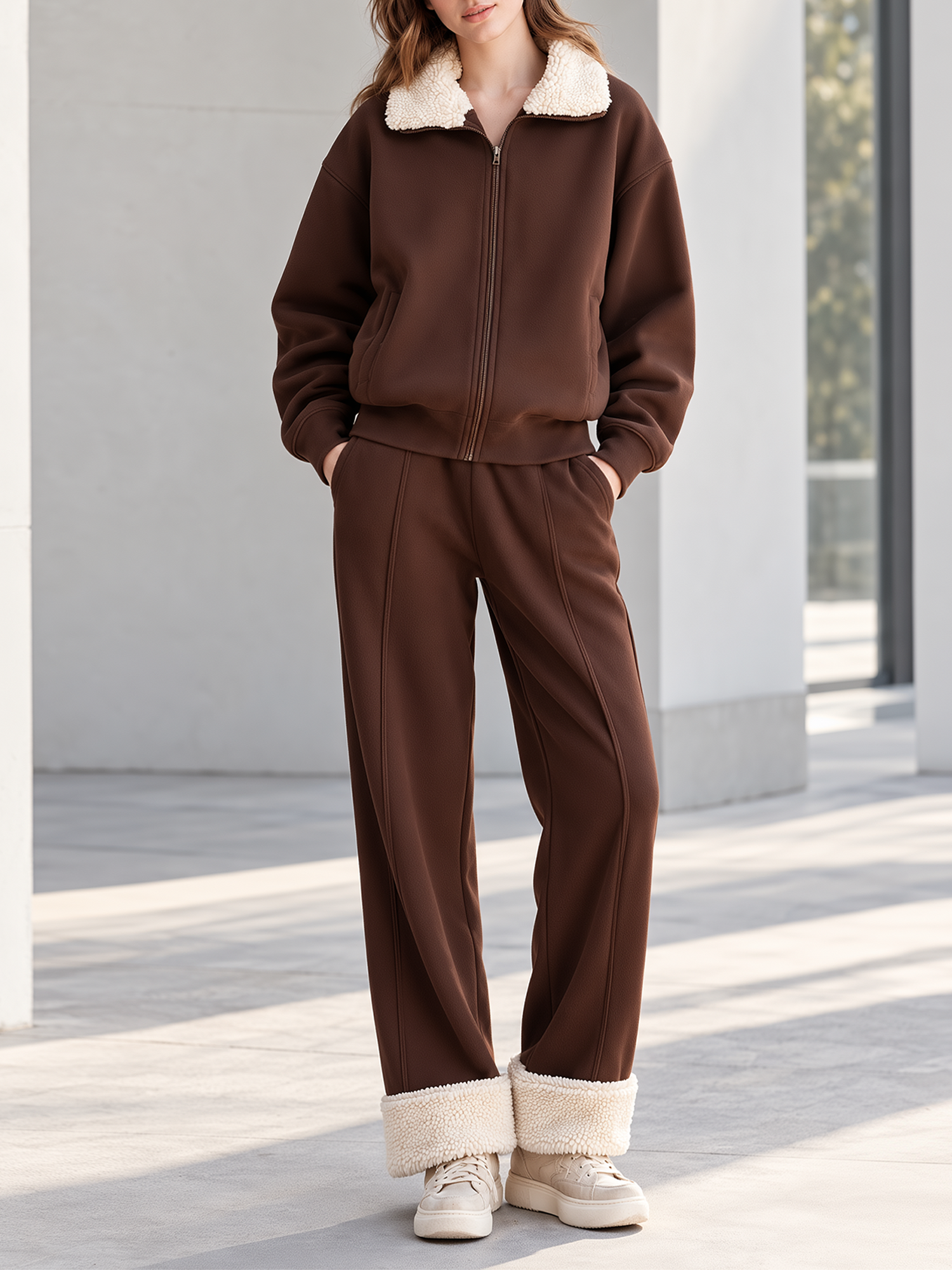 Brown Color-block Fleece-lined Jacket And Wide-leg Trousers Set
