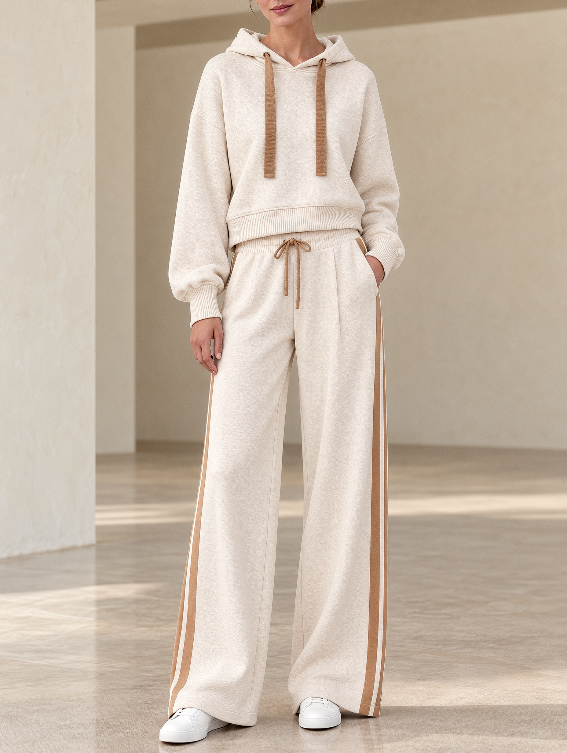 Cream And Brown Hooded Sweatshirt And Wide-leg Trousers Set