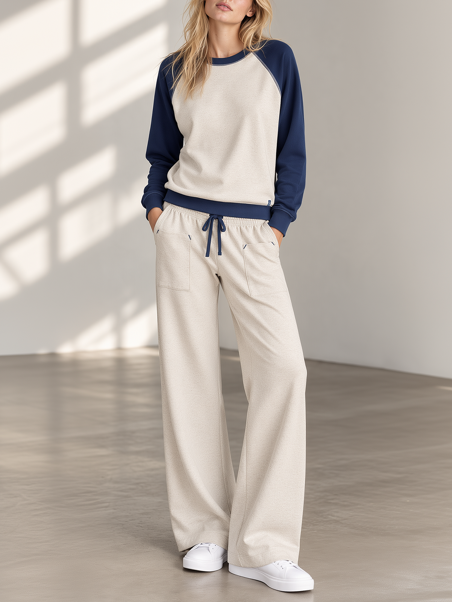 Oatmeal Navy Raglan Sleeve Sweatshirt Drawstring Wide Leg Pants Set