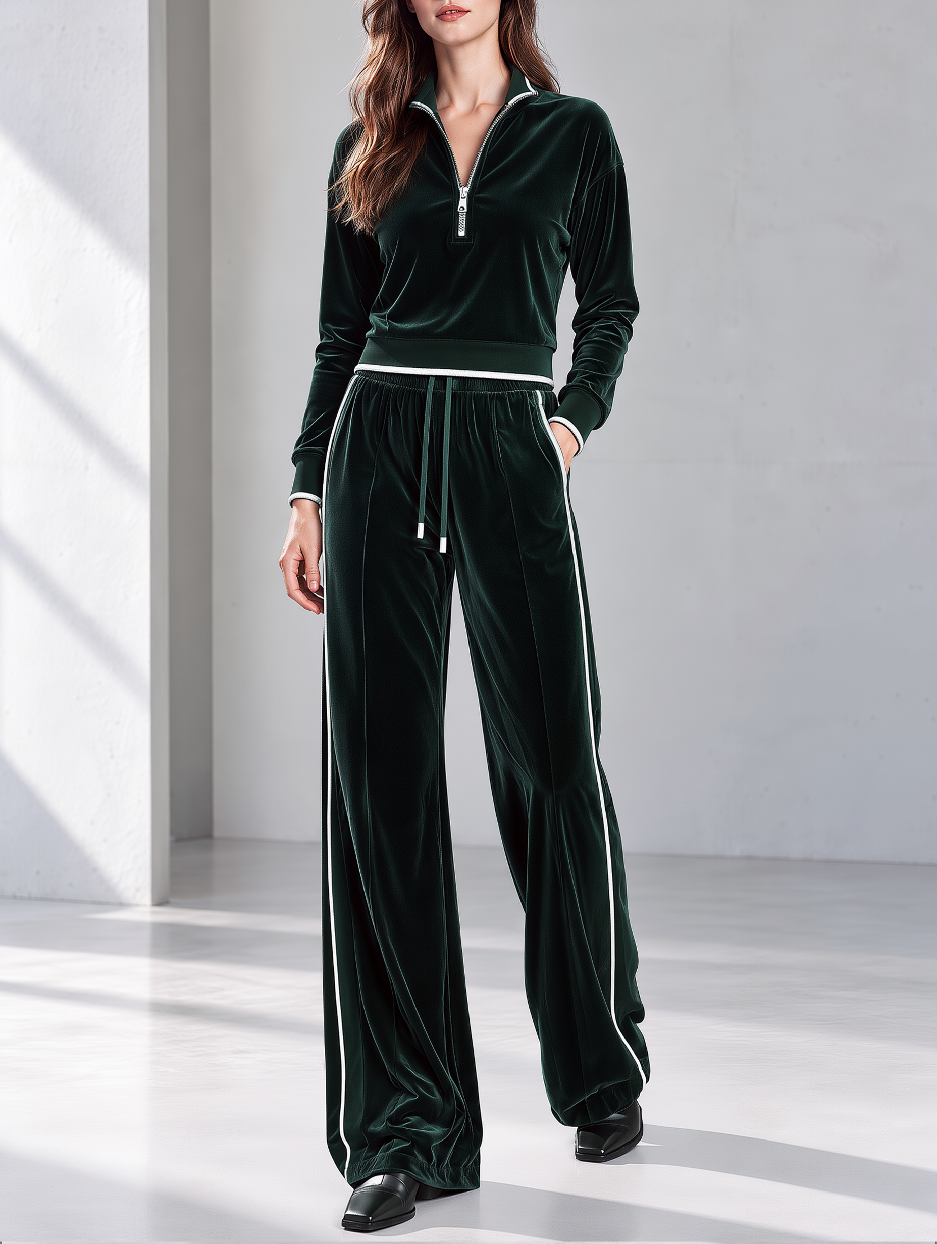 Dark Green Velvet Half-zip Top And Drawstring Wide-leg Pants Set