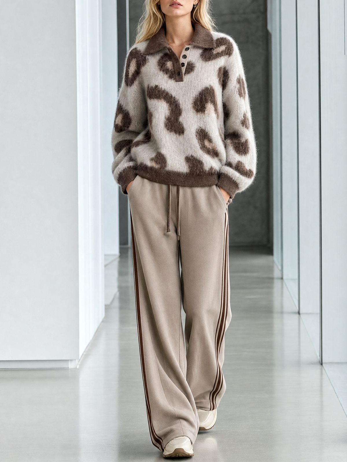 Off White-Brown Polo Collar Half Button Leopard Jacquard Fuzzy Knit Sweater Side-Stripe Wide-leg Pants Set