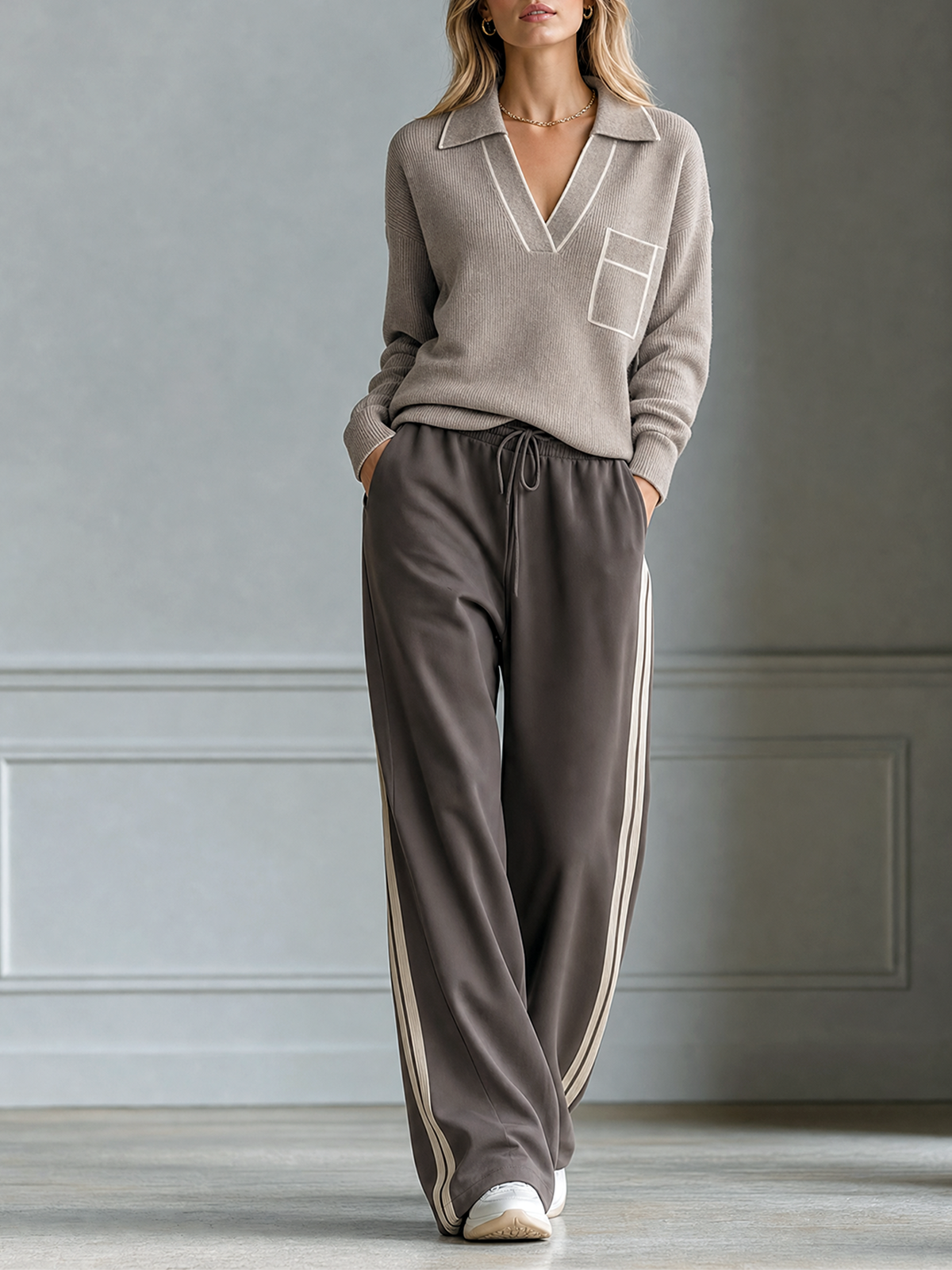 Light Oat Polo V-Neck Patch Pocket Knit Sweater Side-Stripe Wide-leg Pants Set