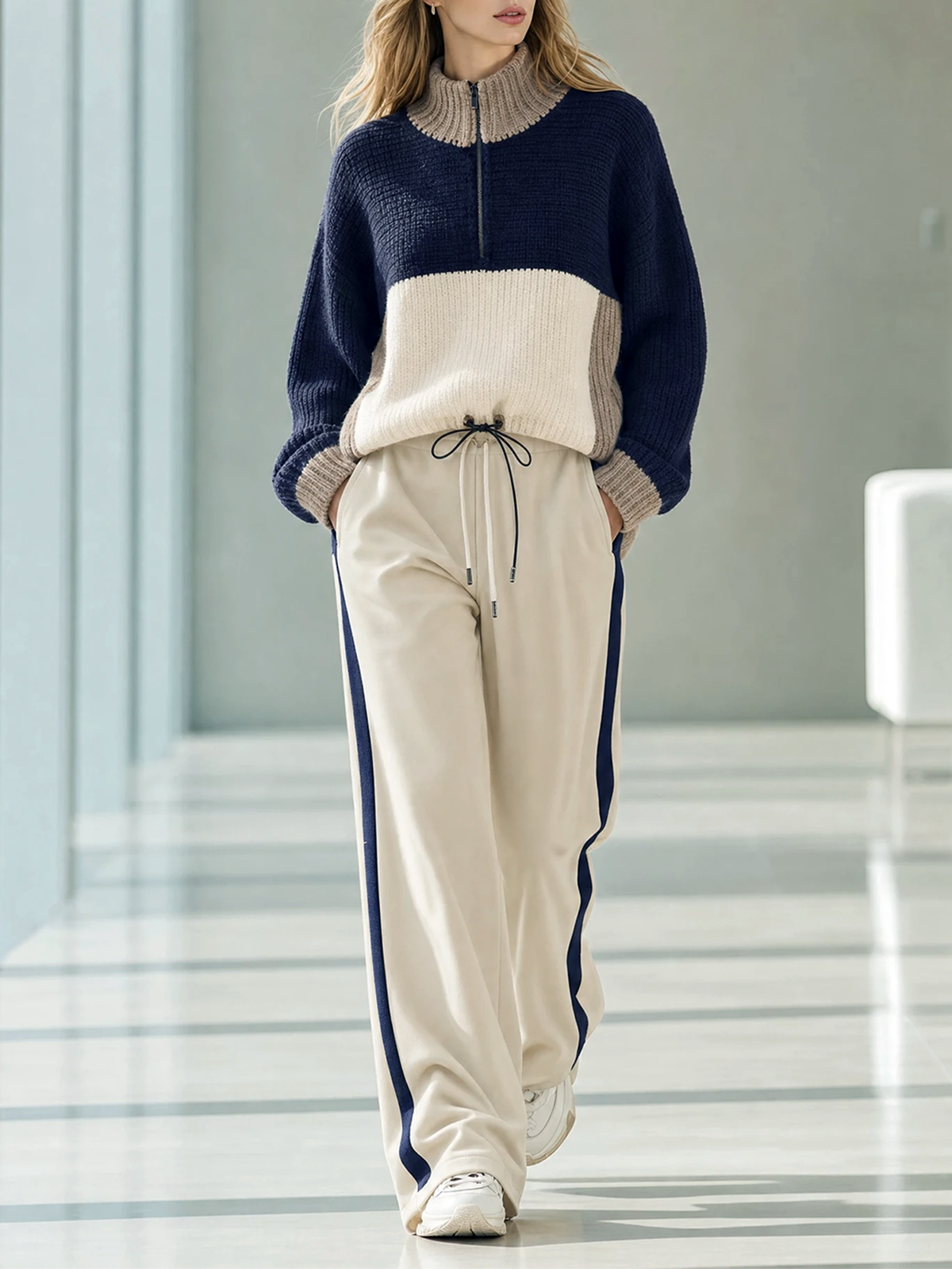 Off-White-Navy-Taupe Color Block Half Zip Knit Sweater Side-Stripe Wide-leg Pants Set