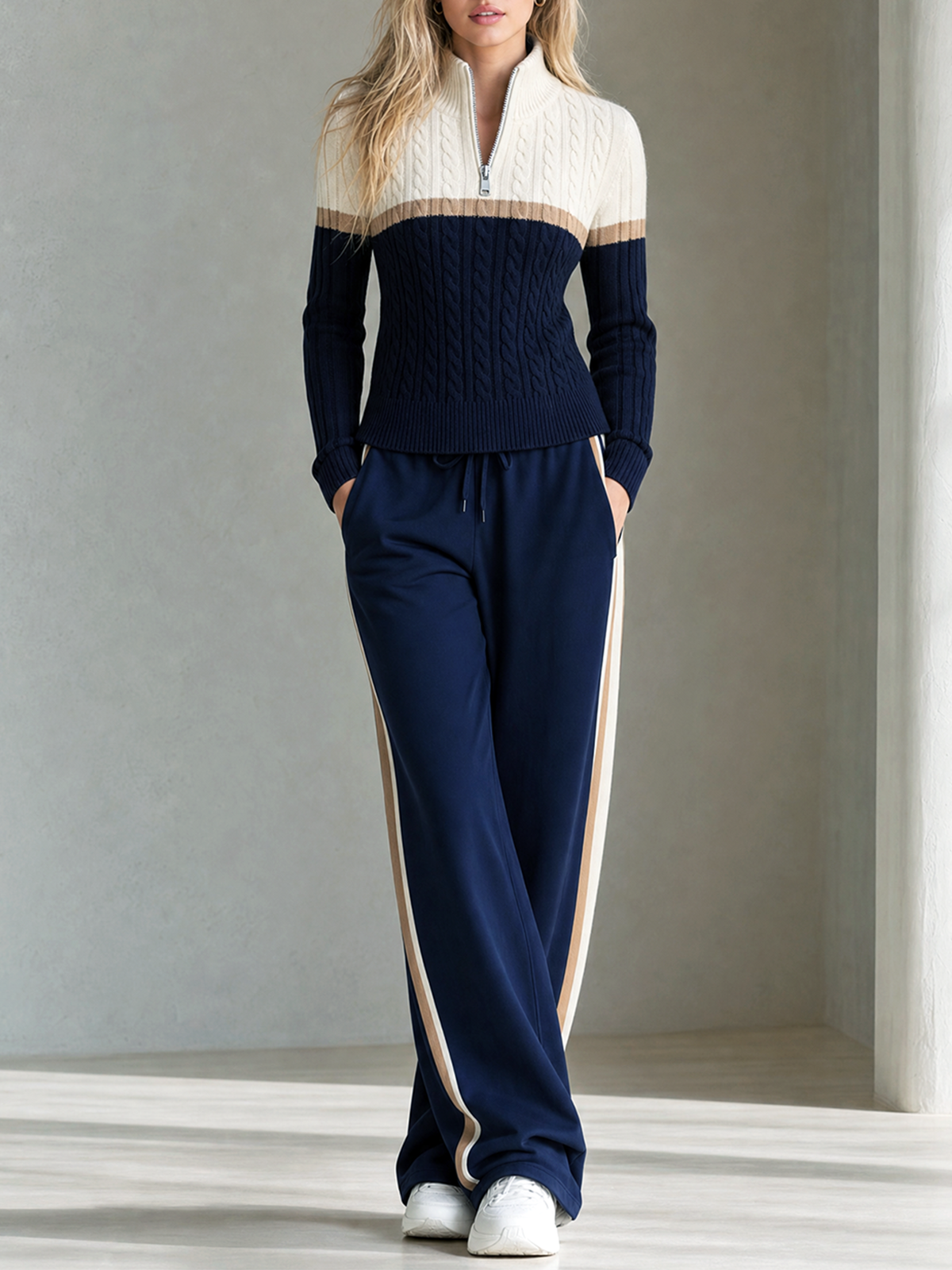 Off-White-Navy Color Block Half Zip Cable Knit Sweater Side-Stripe Wide-leg Pants Set