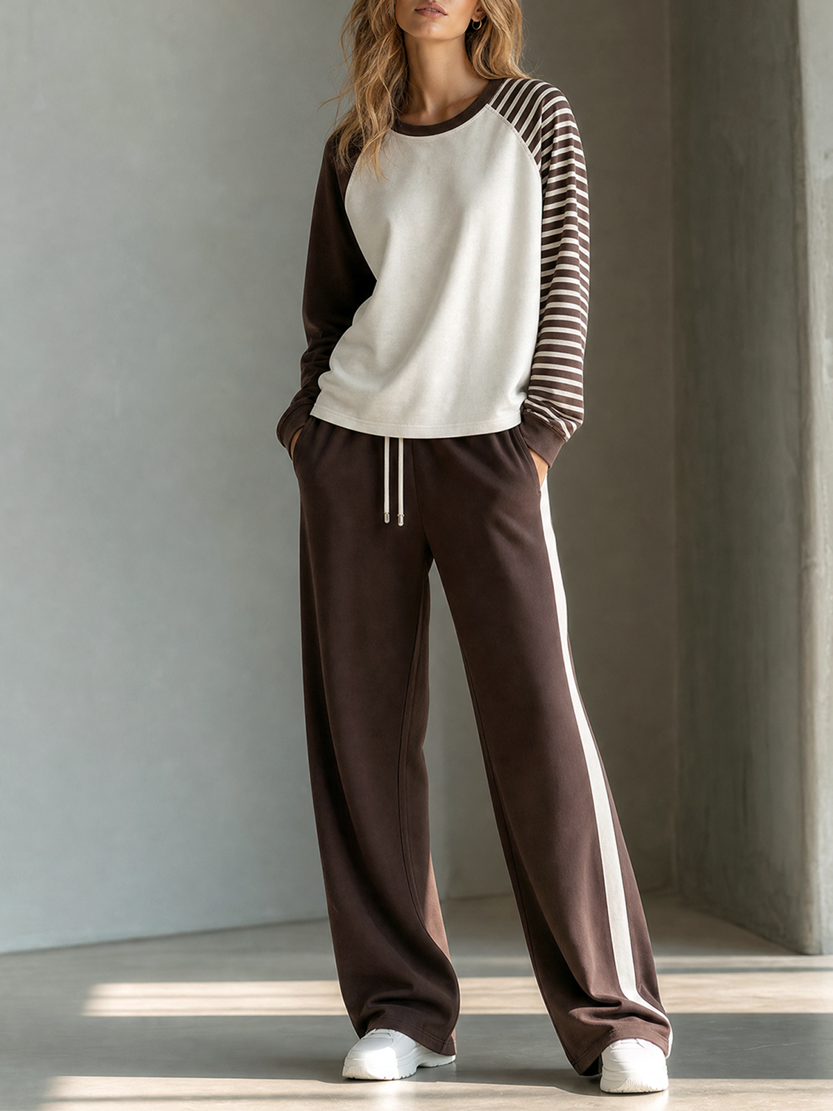 Off-White-Brown Stripe Crew Neck Raglan Sleeve Top Side-Stripe Wide-leg Pants Set