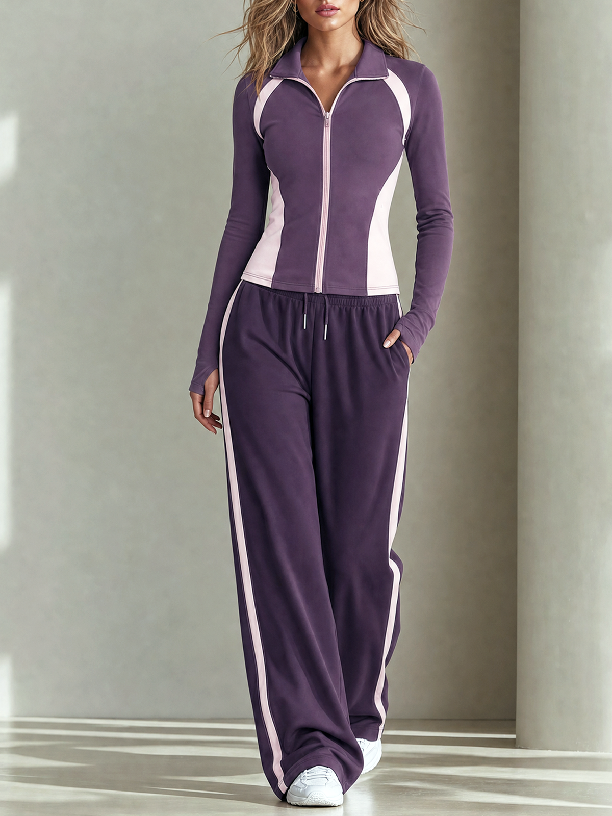 Dusty Purple Color Block Full Zip Lapel Collar Jacket Side-Stripe Wide-leg Pants Set