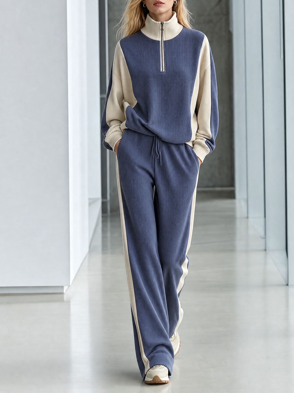 Slate Blue-White Color Block Half Zip Top Side-Stripe Wide-leg Pants Set
