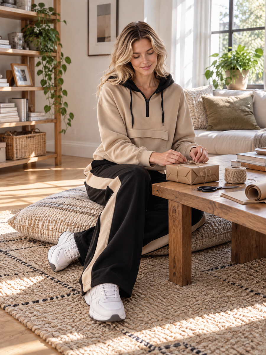Khaki And Black Color-block Casual Sporty Long-sleeve Hoodie And Sweatpants Set