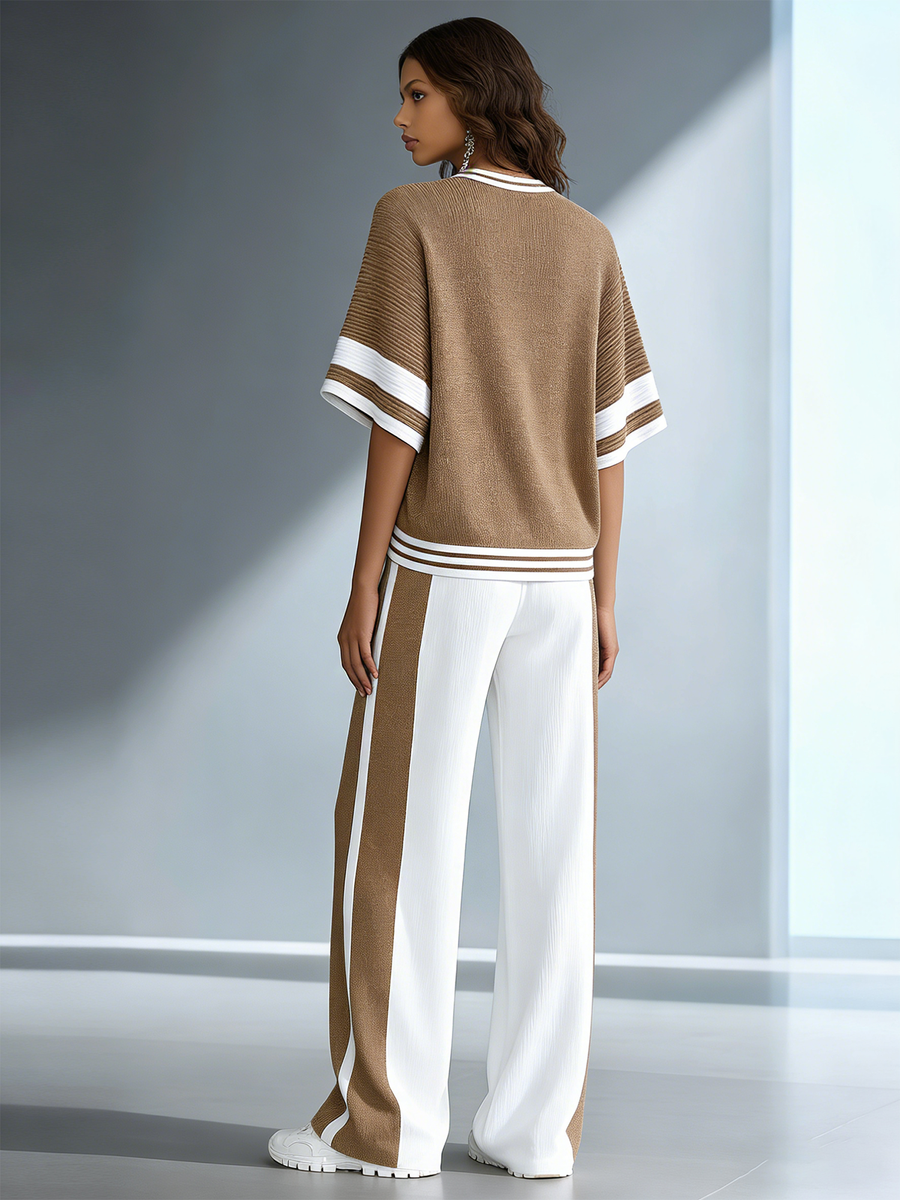 Women's Stylish Casual Brown Color-block Short-sleeved Knitted Top And Trousers Set