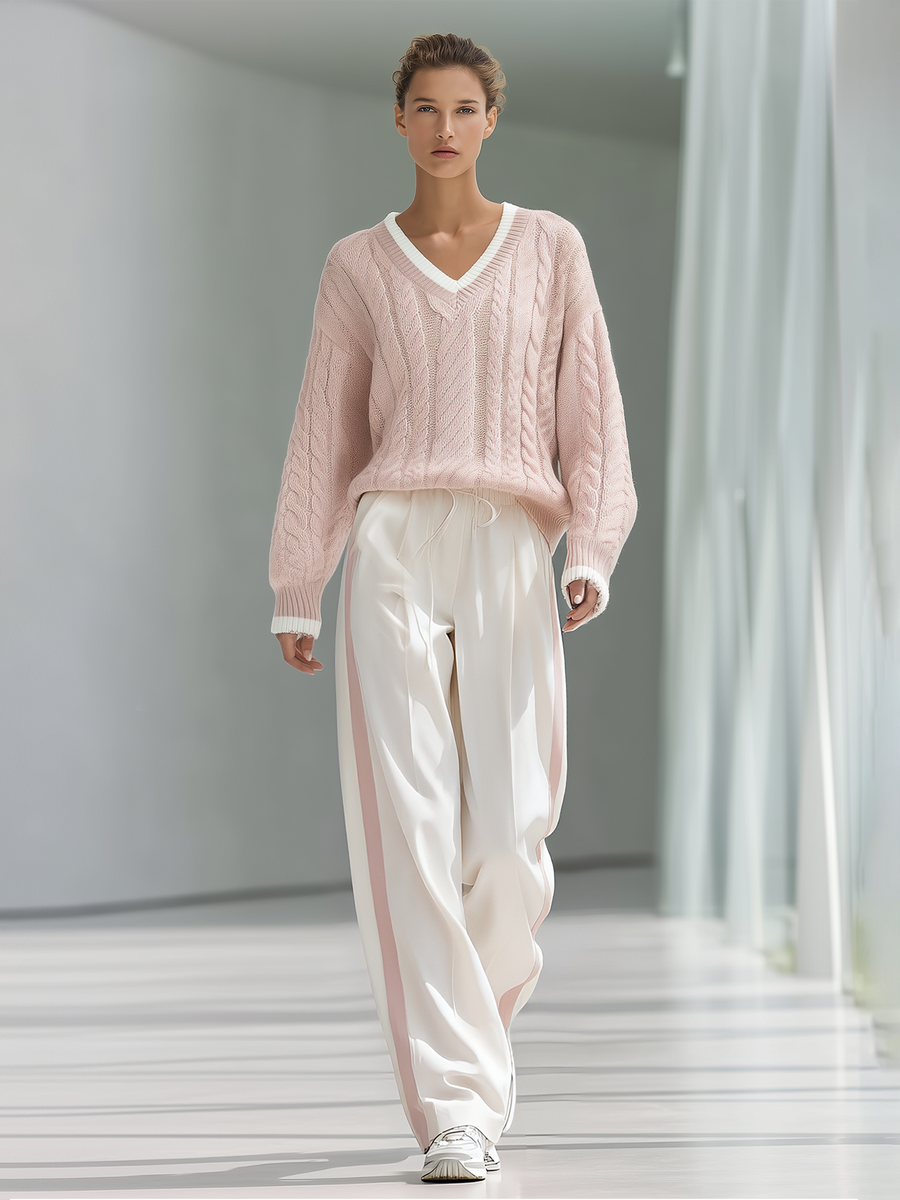 Pink V‑Neck Cable Knit Sweater & Side Stripe Wide‑Leg Pants Set