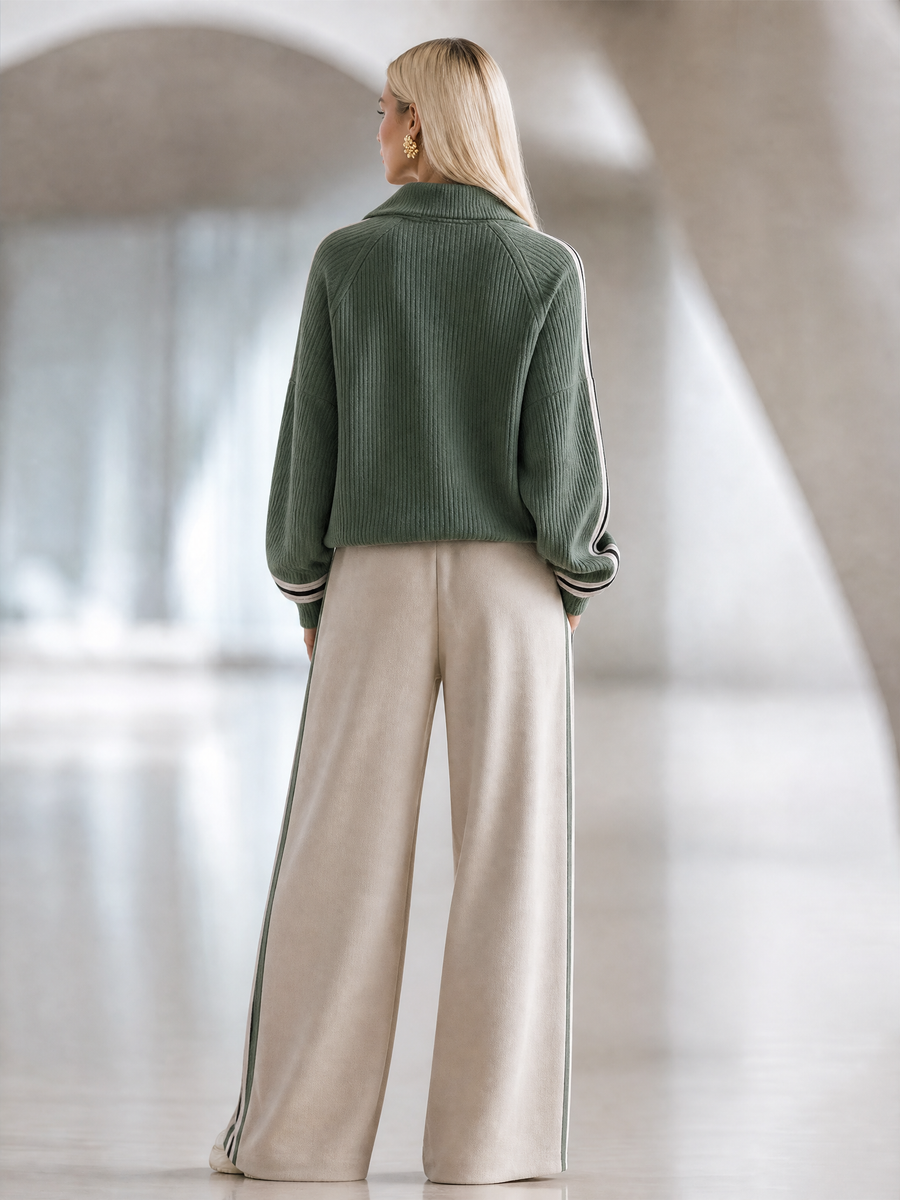 Green Half-Zip Rib Knit Top And Beige Wide-Leg Pants Set