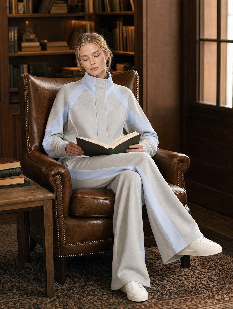 Stylish Sporty Grey And Light Blue Color-block Long-sleeve Top And Trousers Set