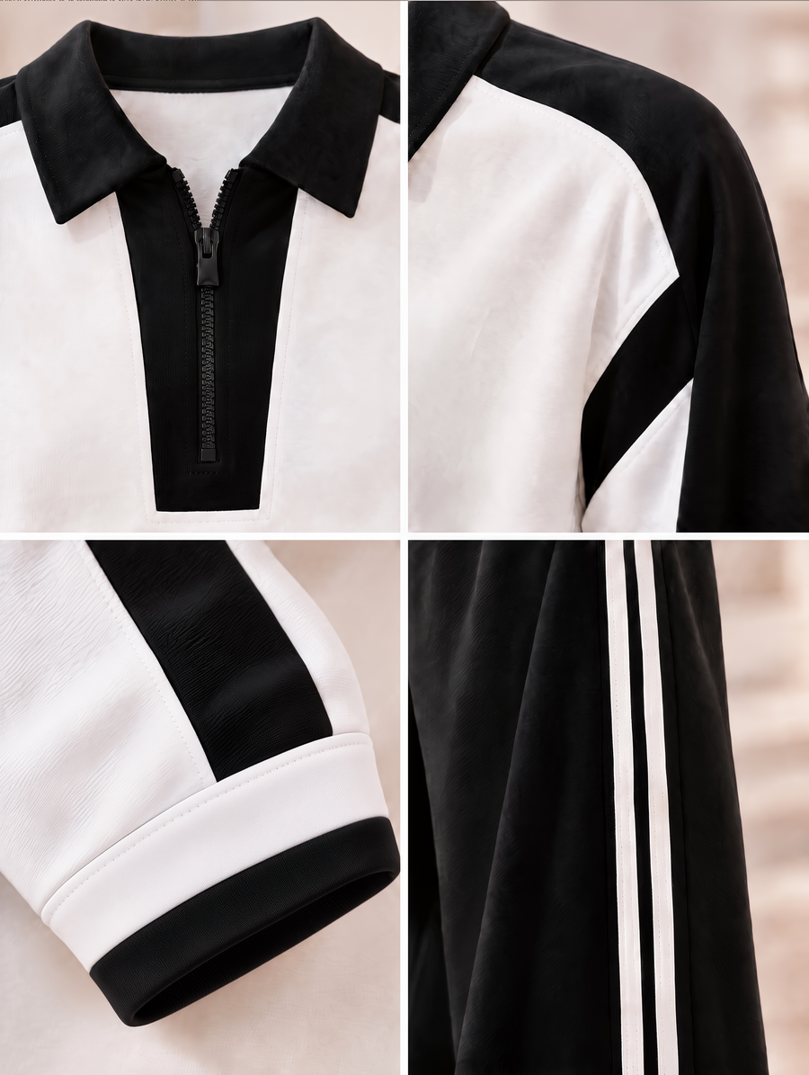 Black And White Color-block Half-zip Long-sleeve Top And Pants Set In A Casual Sporty Style