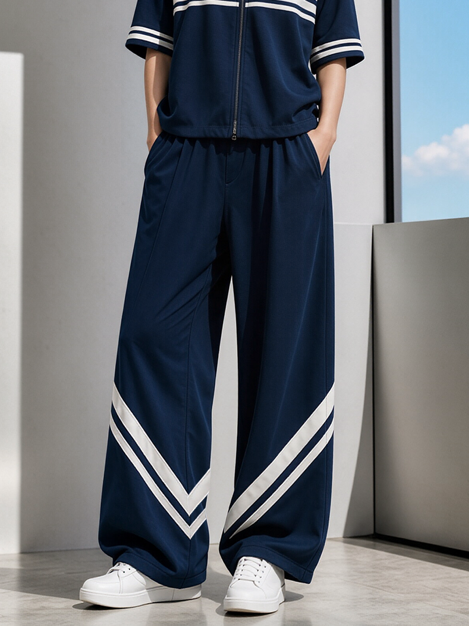 Navy Blue Wide-leg Trouser Set With Contrasting Diagonal White Stripes
