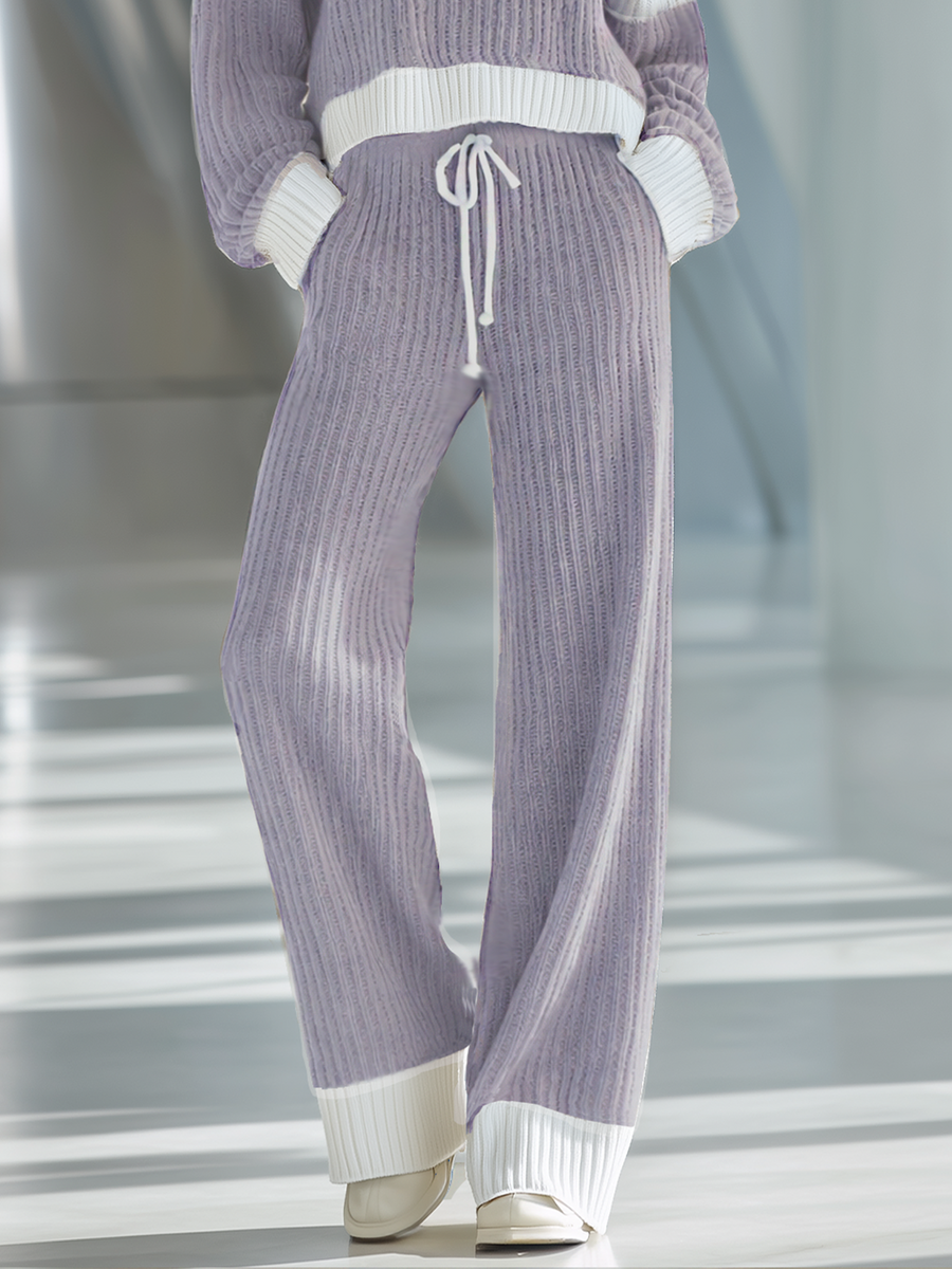 Women's Beige And White Striped Knitted Collared Half-zip Casual Set