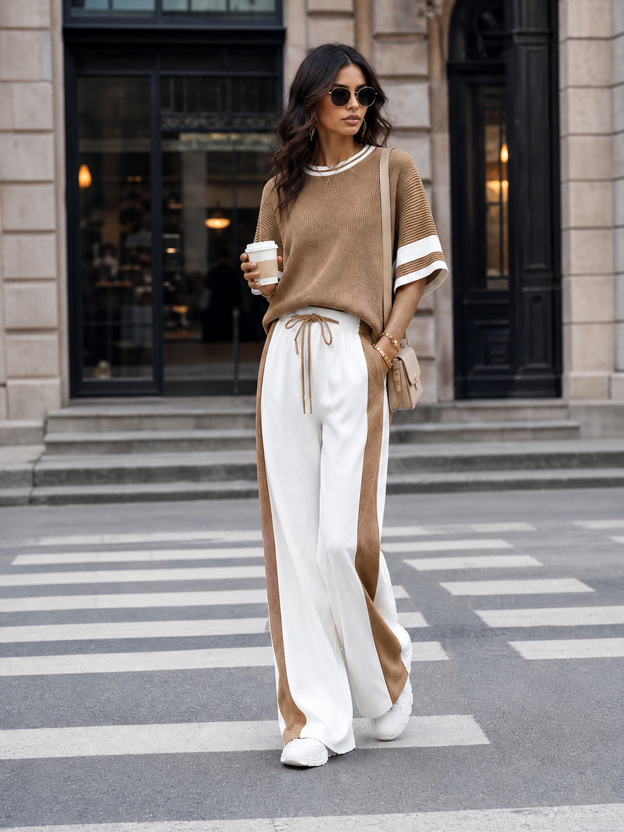 Women's Stylish Casual Brown Color-block Short-sleeved Knitted Top And Trousers Set