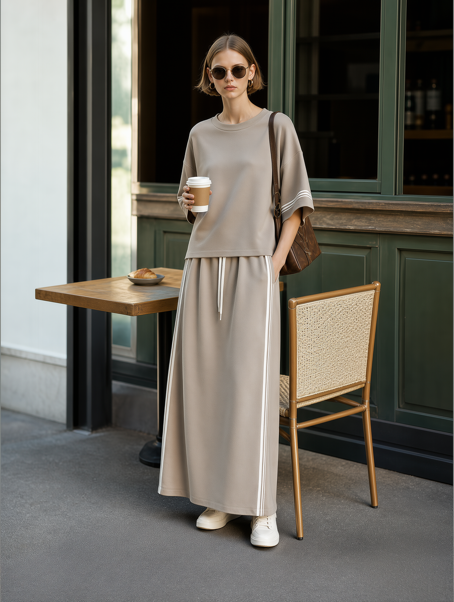 Women's Fashionable Casual Light Khaki Color-block T-shirt And Long Skirt Set