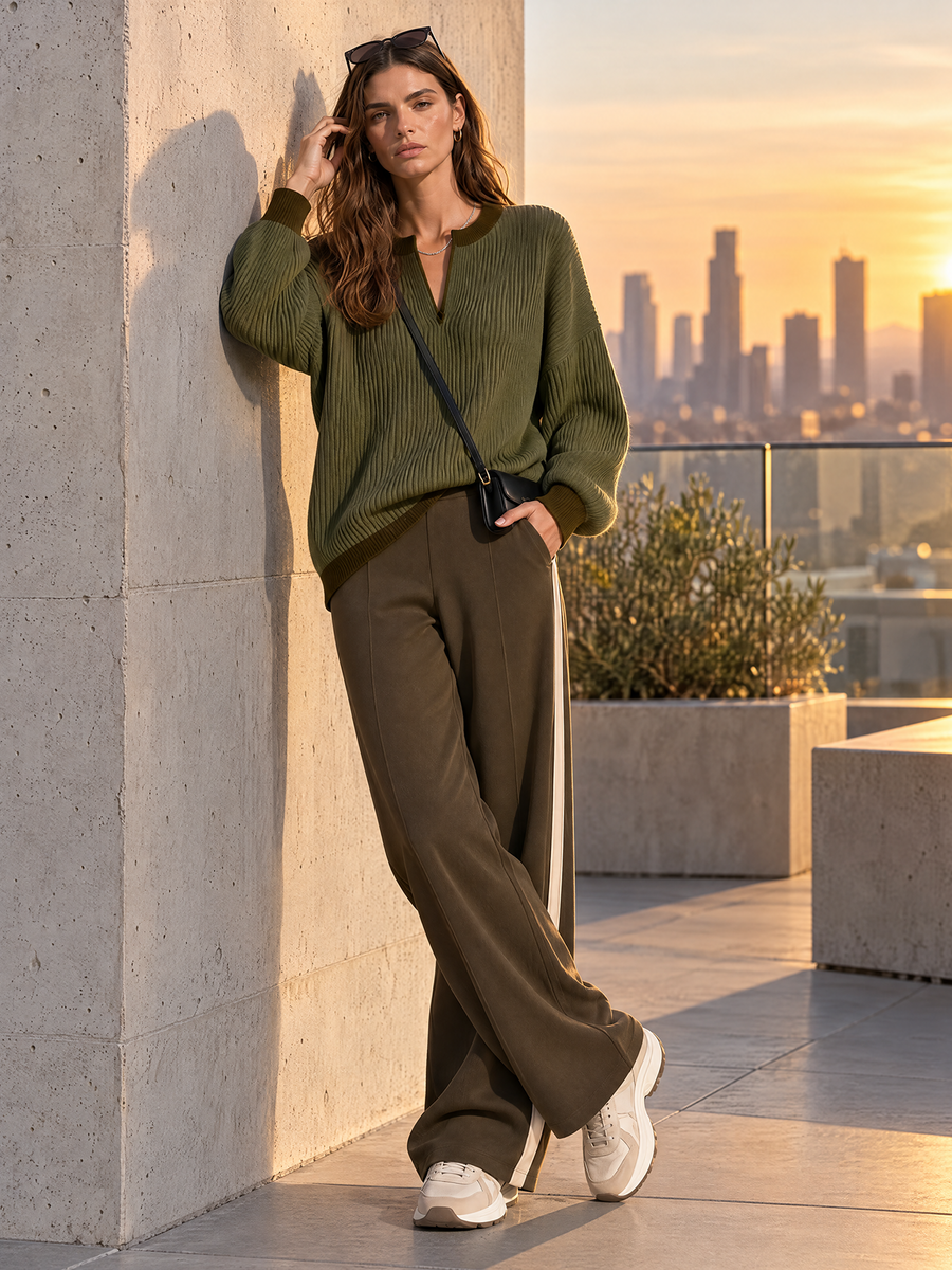 Olive Green Color-block Half-placket Sweater And Side-stripe Wide-leg Pants Set