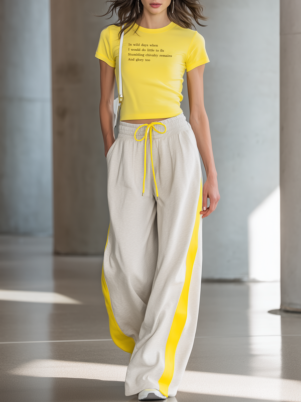 Women's Fashionable Casual Yellow Letter Print Short Top And Trousers Set