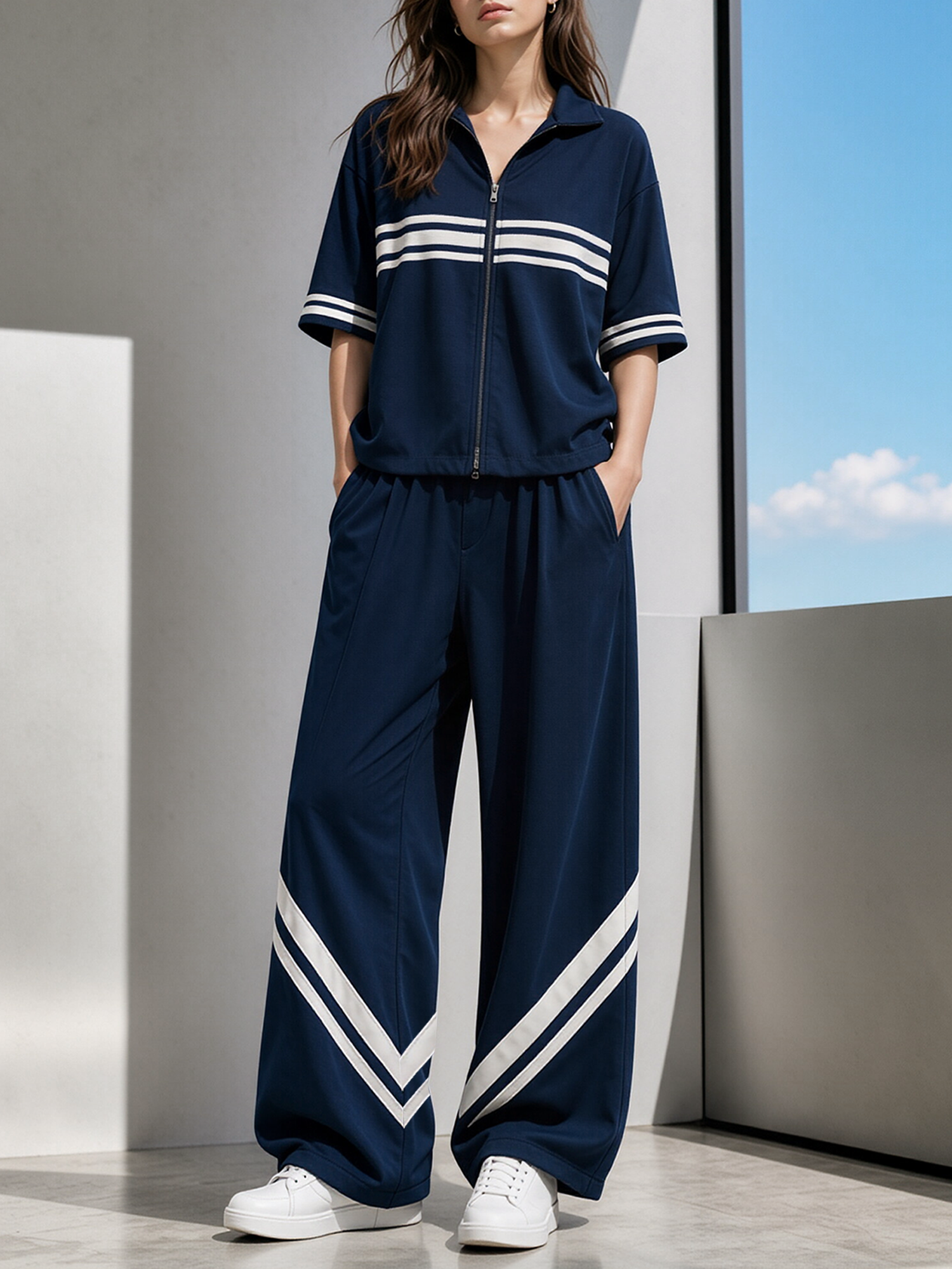 Navy Color-block Double-zip Top And Side-stripe Wide-leg Pants Set