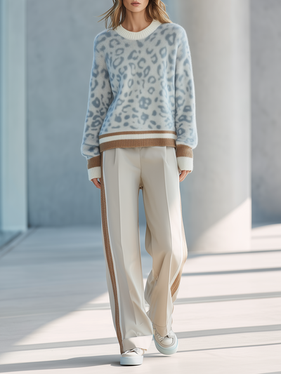 Light Blue Leopard Contrast Trim Knit Sweater Straight‑Leg Pants Set