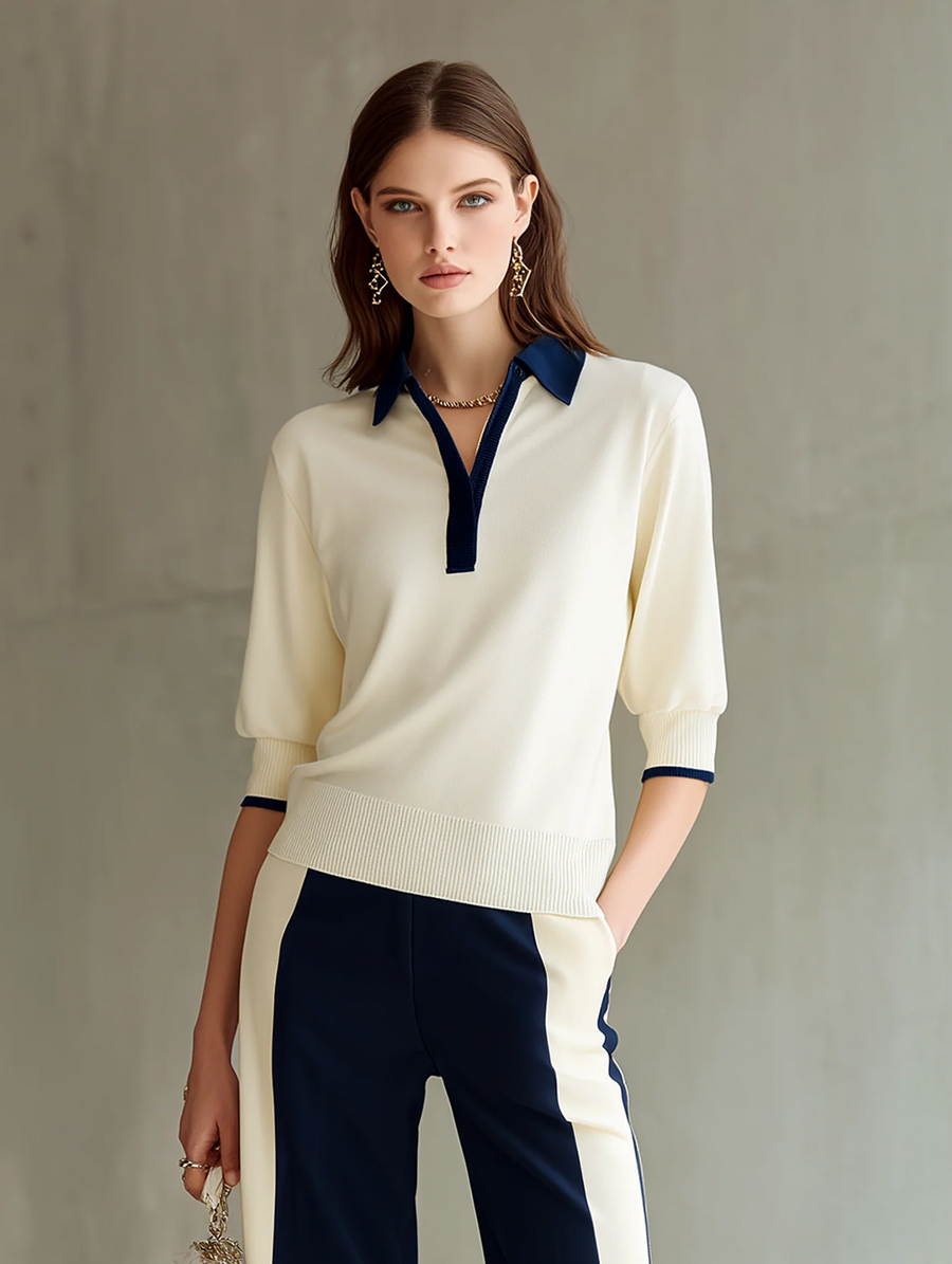 Women's Off-white Polo Neck Knitted Top And Contrasting Wide-leg Pants Set