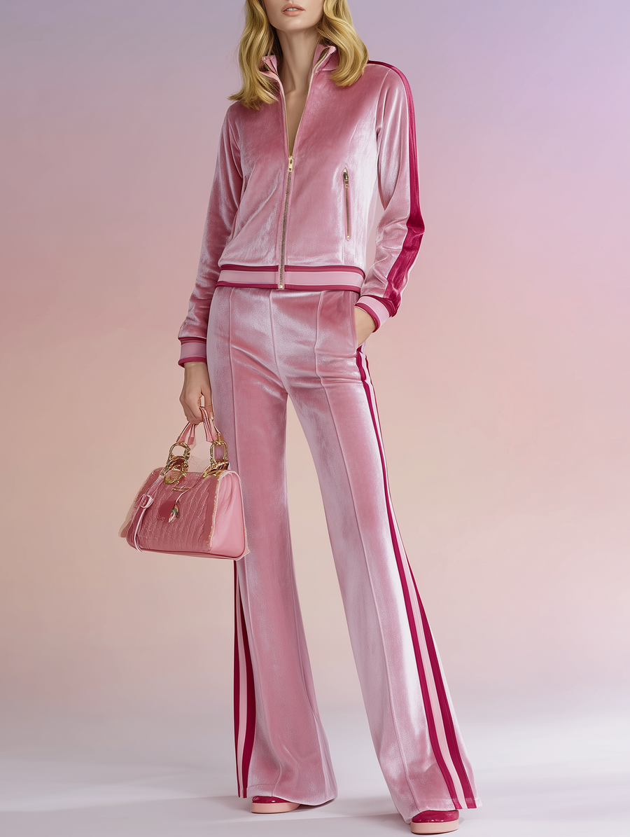 Women's Casual Color-block Velvet Fashion Zip-up Jacket And Flared Pants Set
