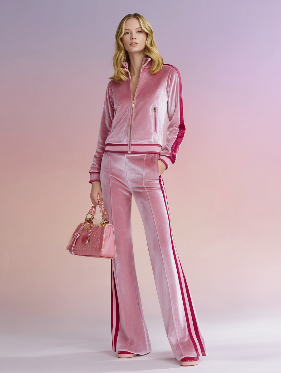 Women's Casual Color-block Velvet Fashion Zip-up Jacket And Flared Pants Set