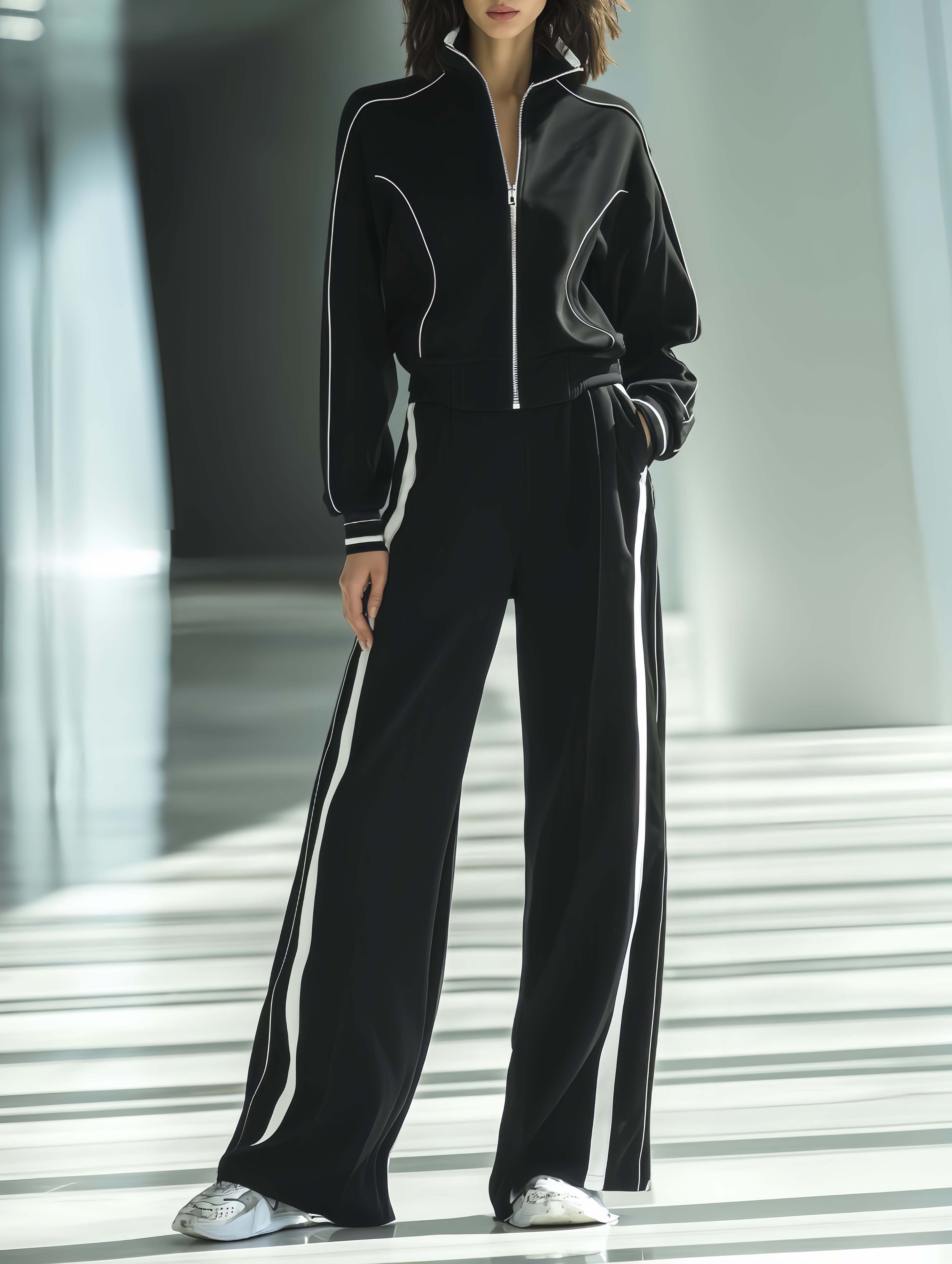Women's Fashionable Casual Style Black Top And Trousers Set With White Piping