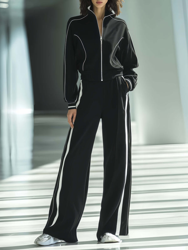 Women's Fashionable Casual Style Black Top And Trousers Set With White Piping