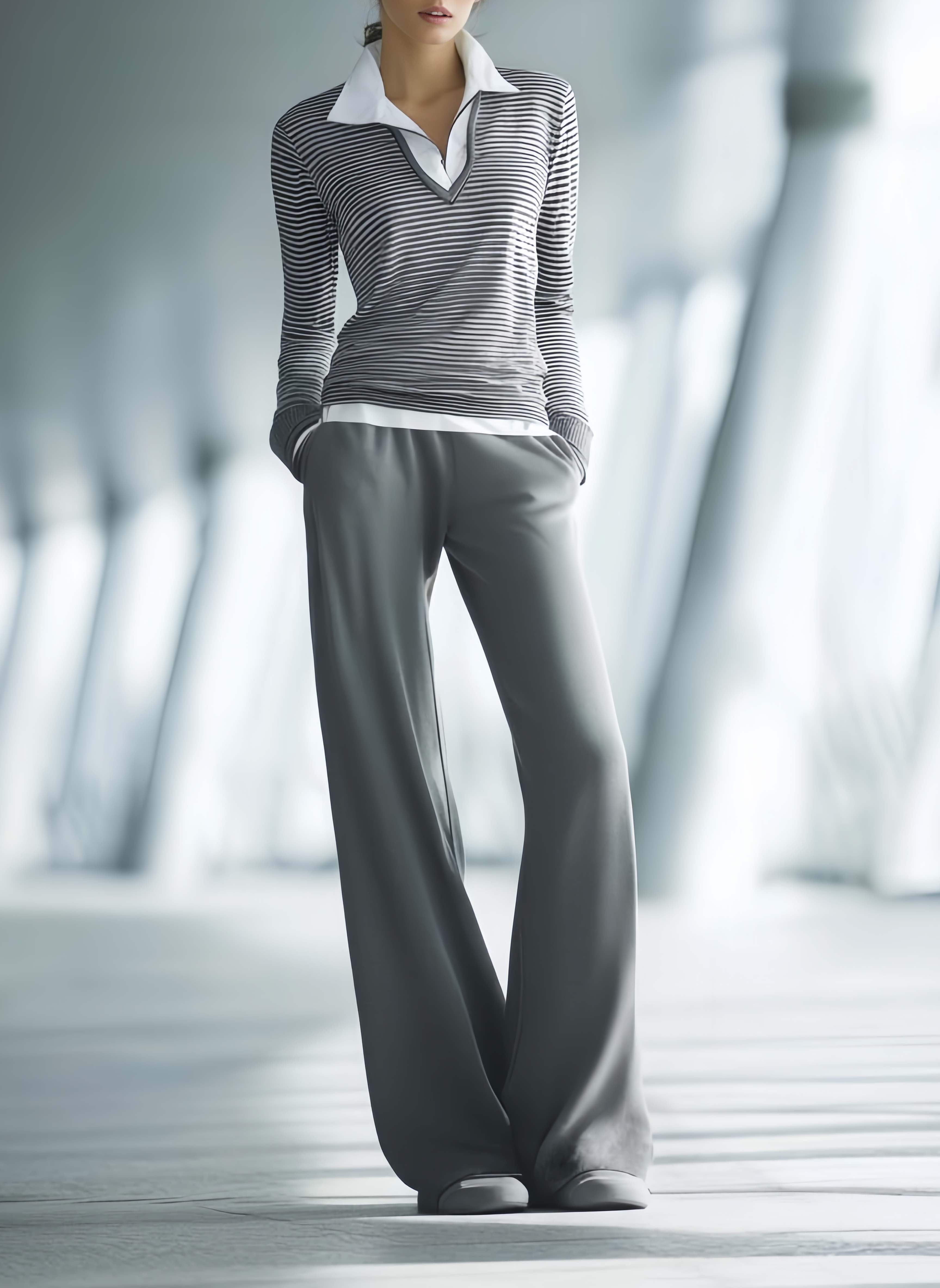 Women's Fashionable Casual Gray Striped Top And Pants Set-copy