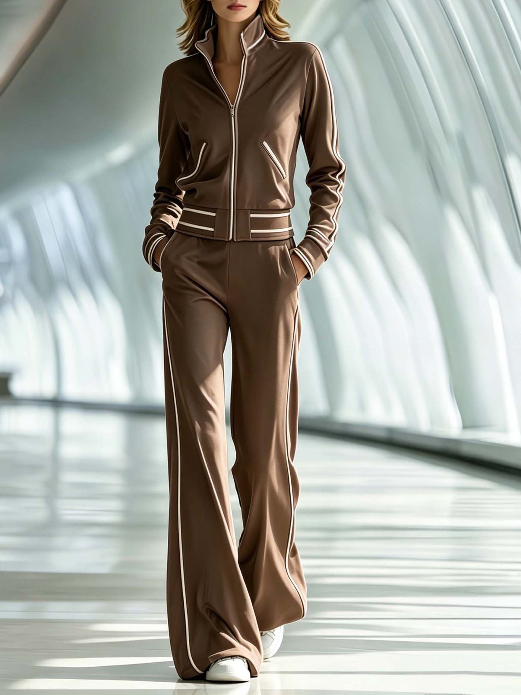 Women's Stylish Casual White Long-sleeved Top And Trousers Set