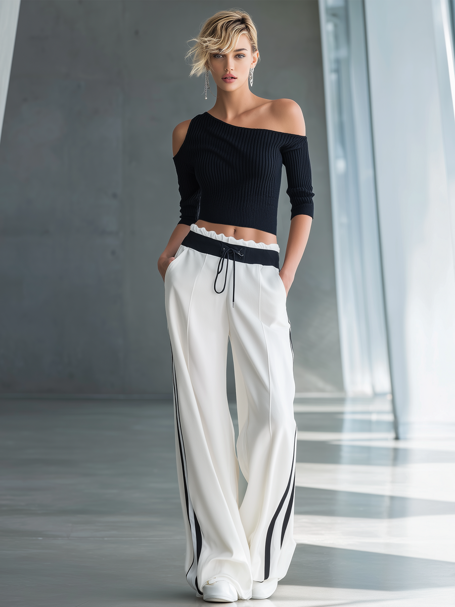 Women's Fashionable Casual Black Off-the-shoulder Top And Wide-leg Pants Set