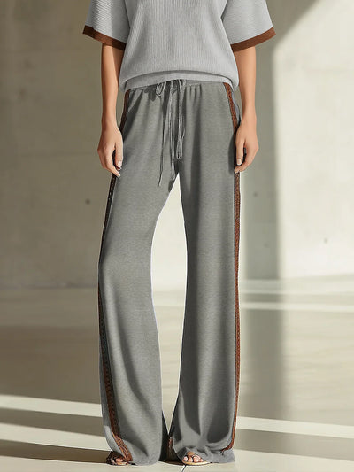 Women's Fashionable Casual Beige And Brown Color-blocked Wide-leg Flared Trousers