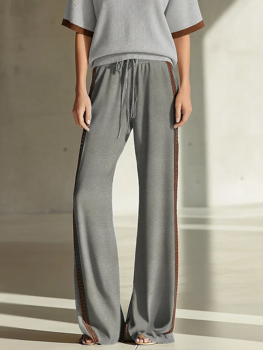 Women's Fashionable Casual Beige And Brown Color-blocked Wide-leg Flared Trousers