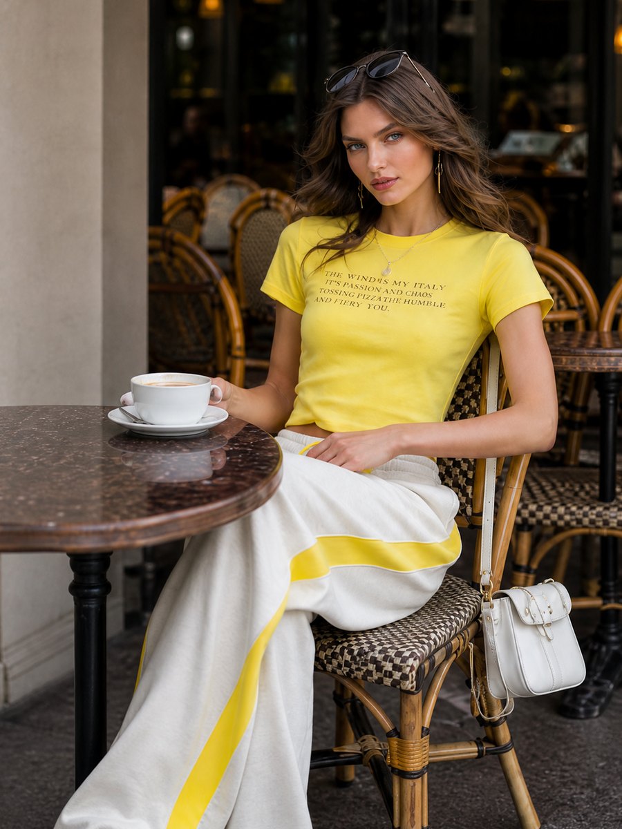 Women's Fashionable Casual Yellow Letter Print Short Top And Trousers Set