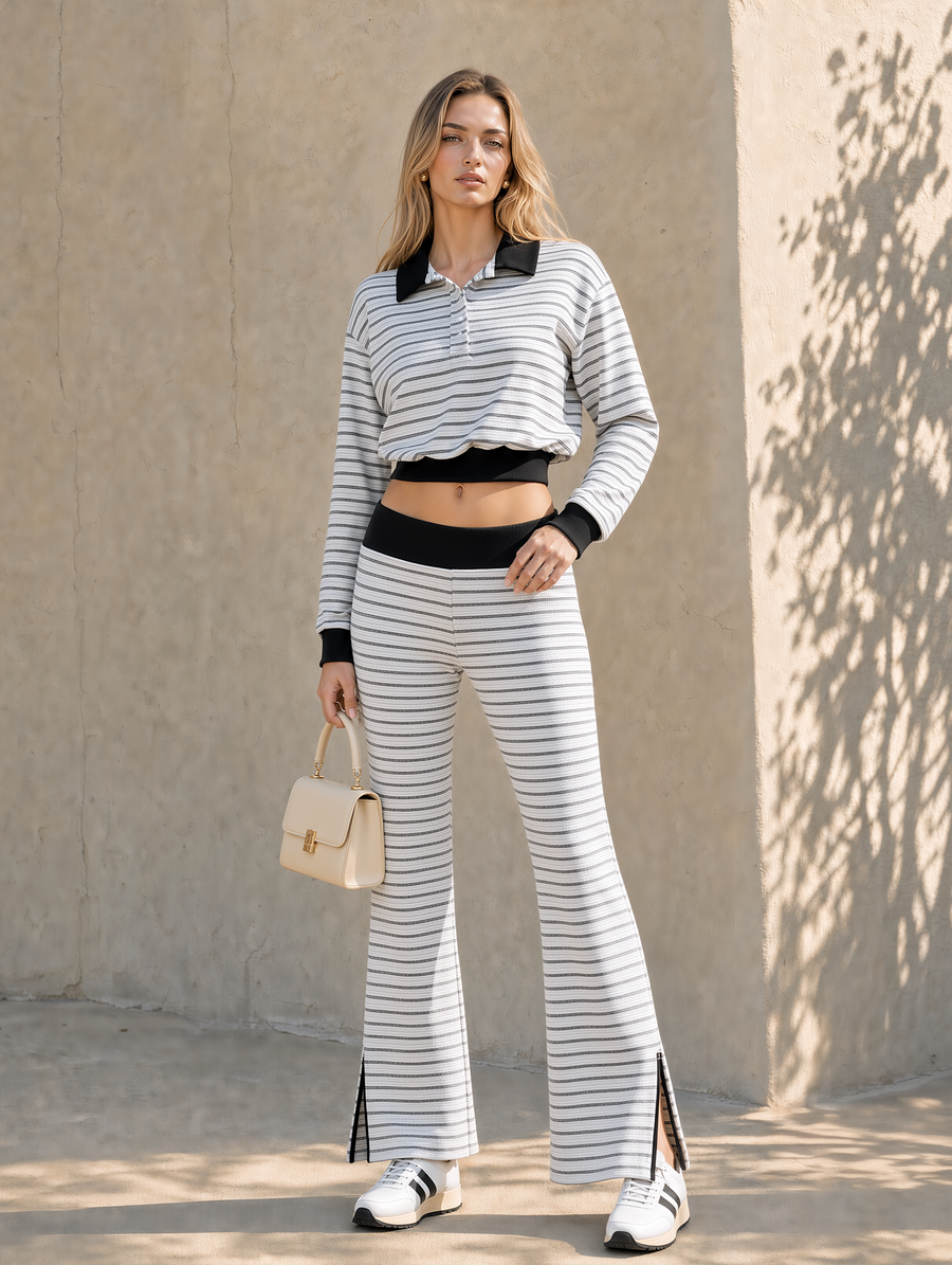 Striped Long Sleeve Collared Crop Top and Flare Pants Set