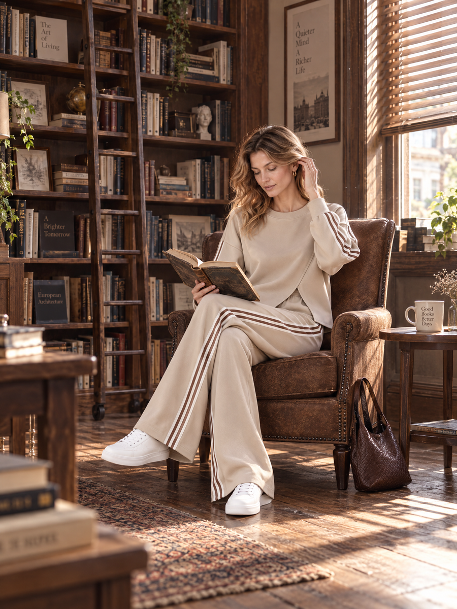 Stylish Casual Khaki Long-Sleeve Slit Top And Wide-Leg Pants Set