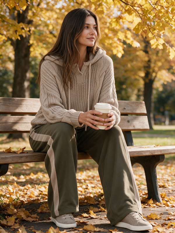 Khaki Long-sleeve Hooded Sweater And Color-block Wide-leg Trousers Set