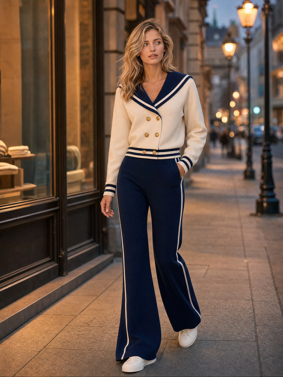 Off-white Double-breasted Jacket And Navy Blue Flared Trouser Set