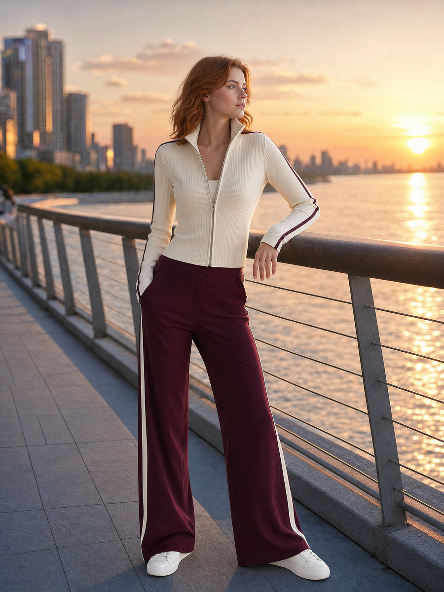 Off-white Ribbed Knit Cardigan And Burgundy Wide-leg Trousers Set