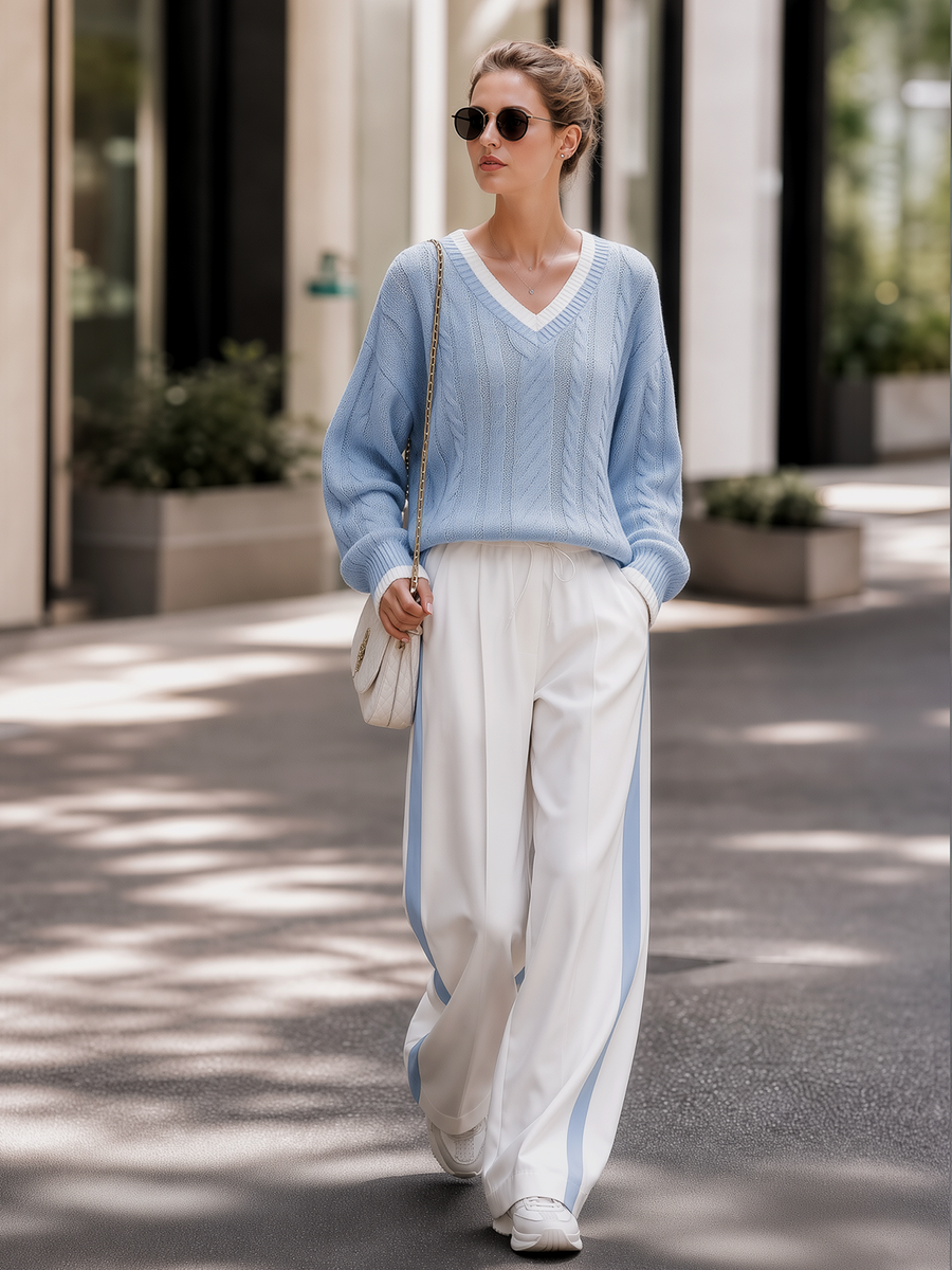 Pink V‑Neck Cable Knit Sweater & Side Stripe Wide‑Leg Pants Set