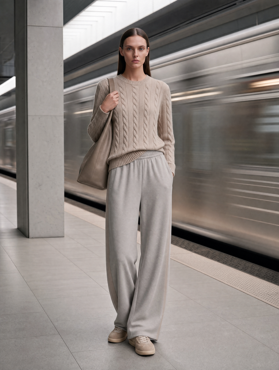 Women's Cable Knit Crewneck Sweater & Wide-Leg Trousers Set – Oatmeal Beige Grey Quiet Luxury Two-Piece Loungewear Co-Ord