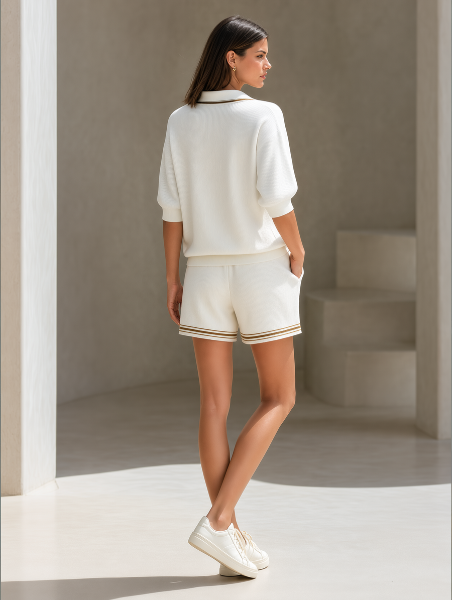 Relaxed-Fit Knit Set: Off-White Sweater With Light Gold Trim & Straight-Leg Shorts