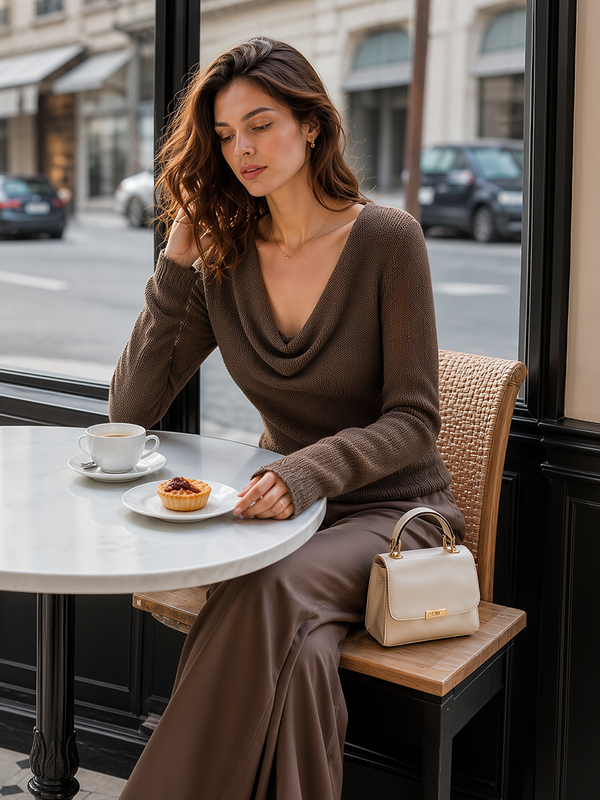Oatmeal-colored Cable-knit V-neck Color-block Sweater And Side-tape Wide-leg Pants Set