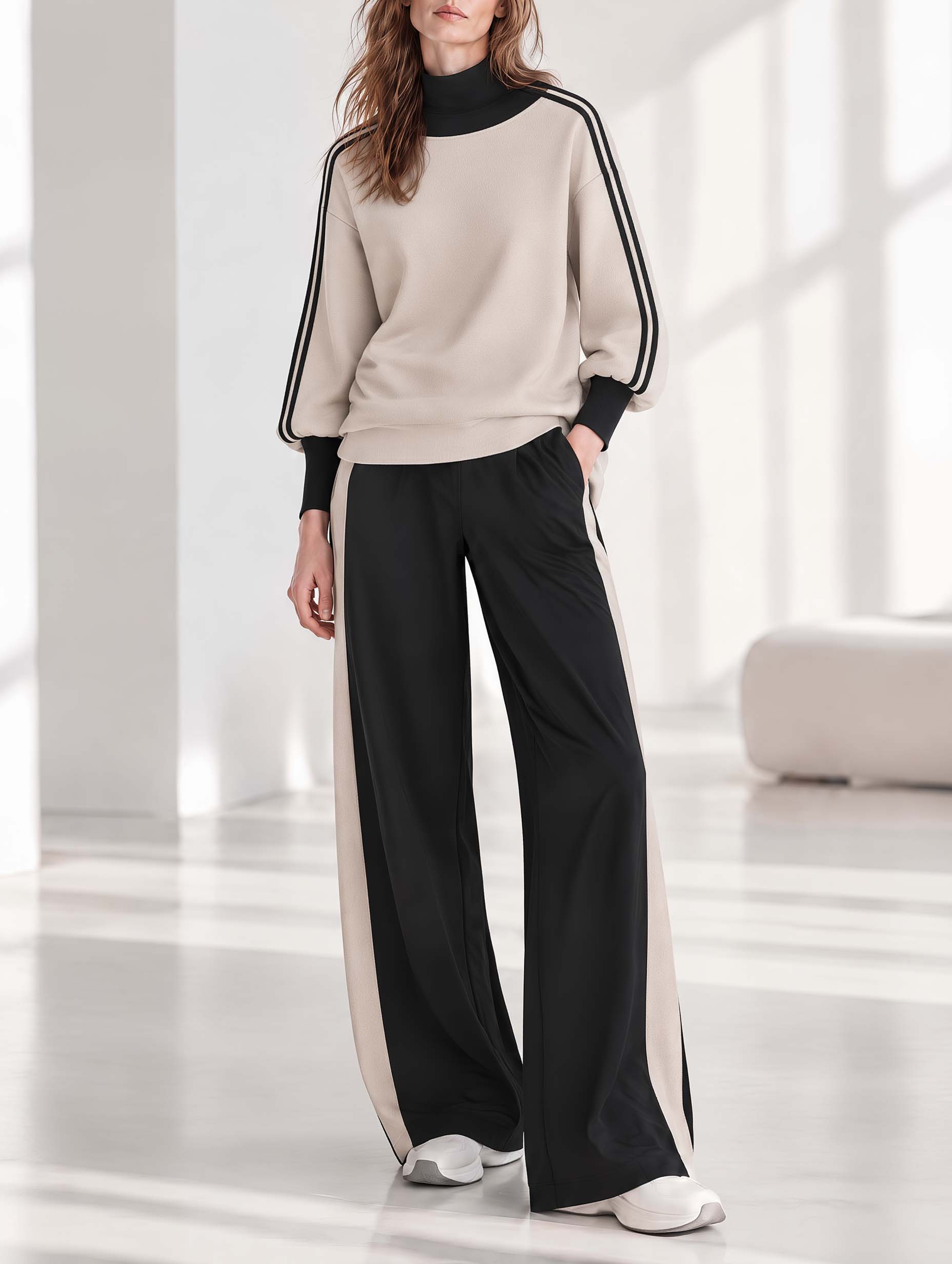 Oatmeal And Black Color-block High-neck Long-sleeve Top And Wide-leg Trousers Set