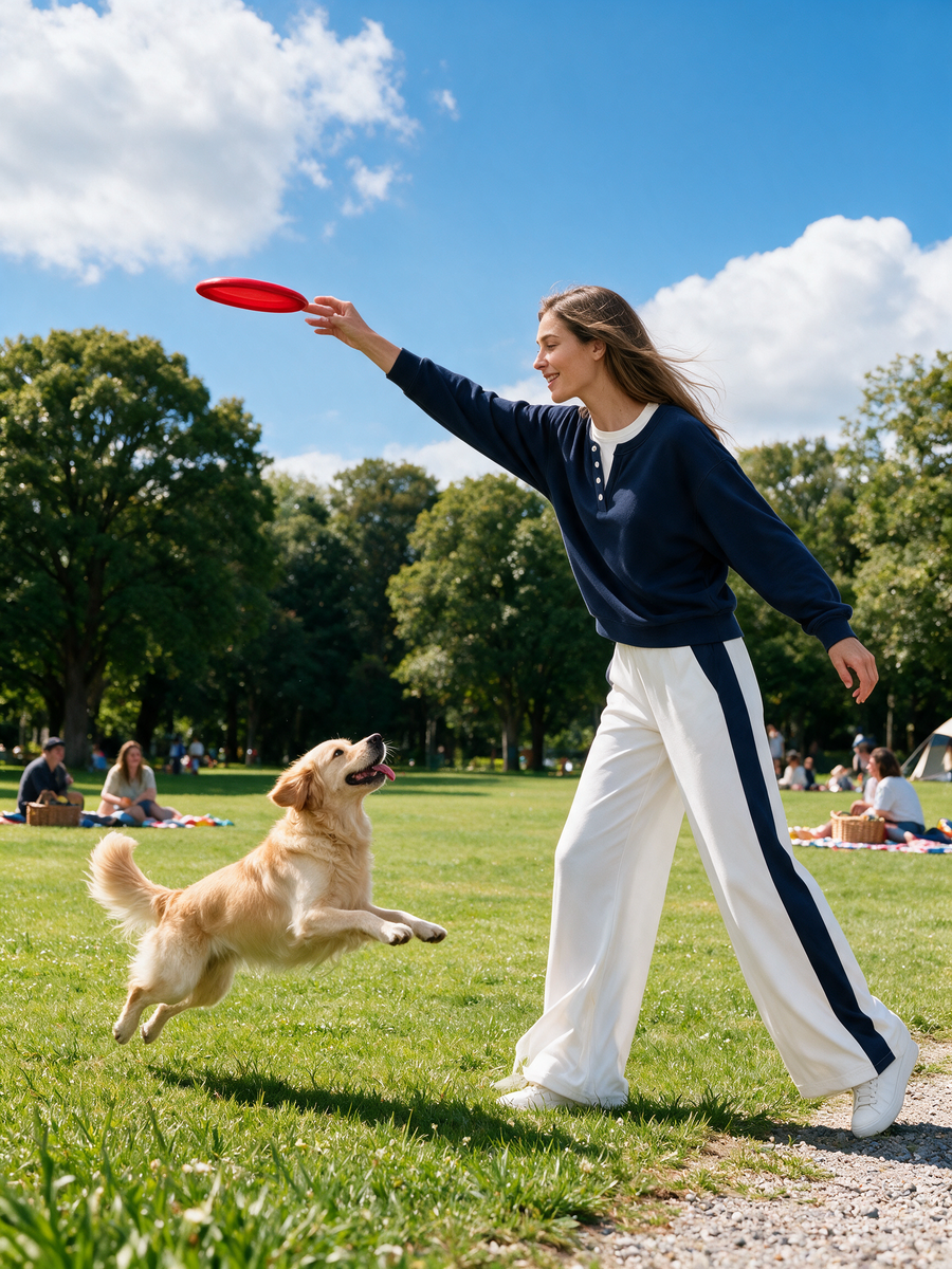 Athleisure-style Navy Blue Long-sleeve "faux-layered" Top And Color-blocked Trousers.